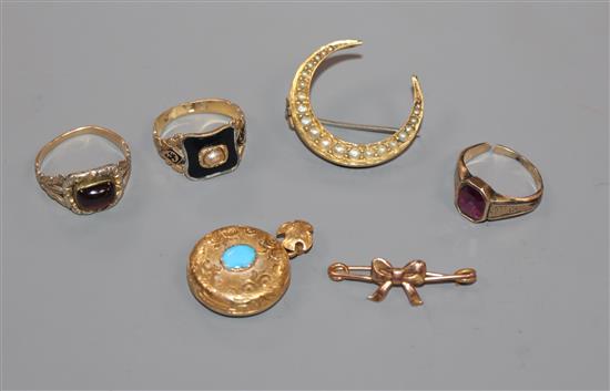 A William IV 18ct gold, black enamel and pearl set mourning ring and five other items including crescent brooch, locket etc.